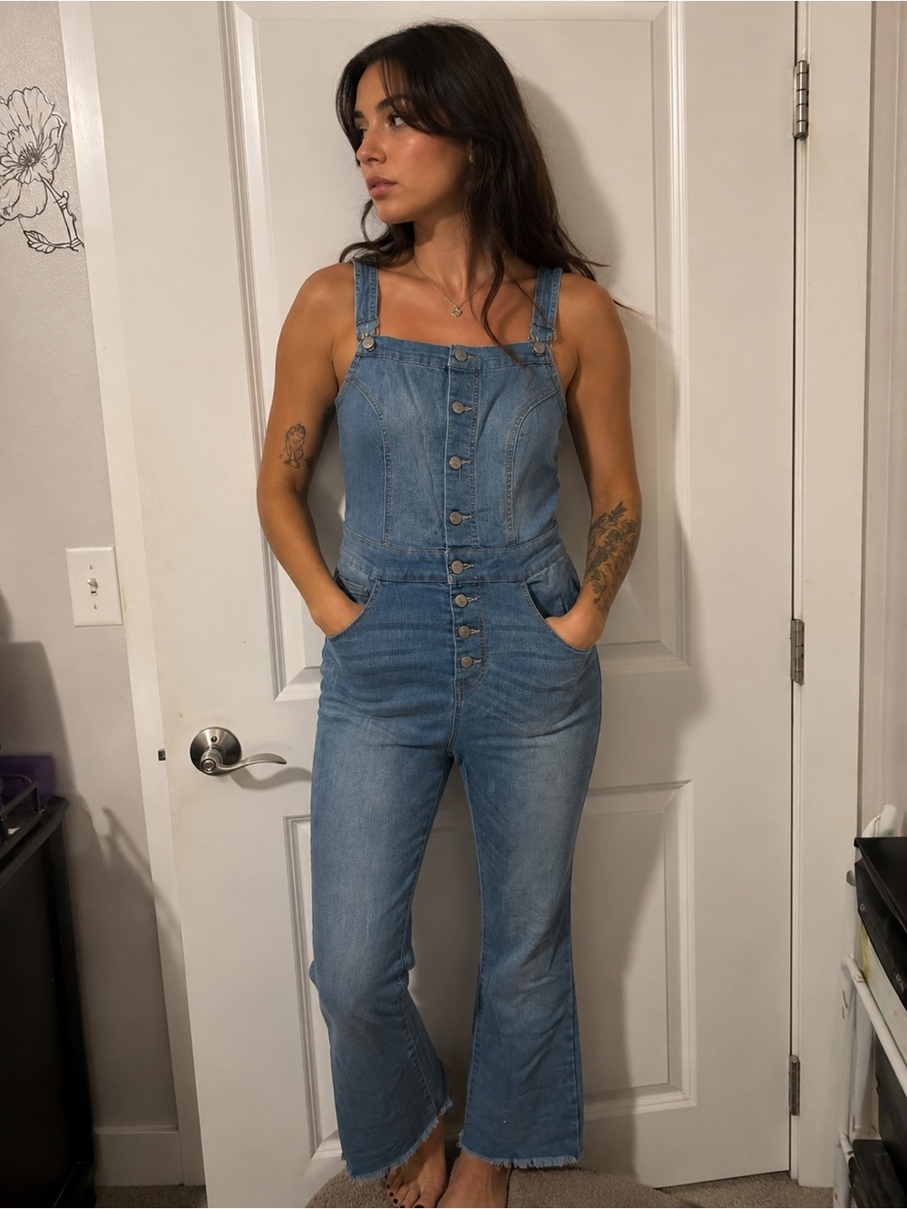 Light Blue Denim Button-Front Women’s Jumpsuit Jeans